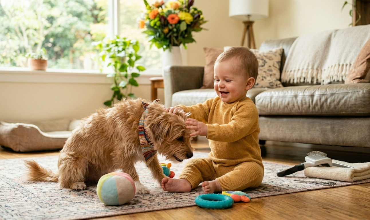 Baby playing with a dog on a rug in a living room - Furronix