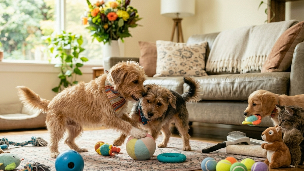 Two dogs playing with toys on a rug in a living room - Furronix