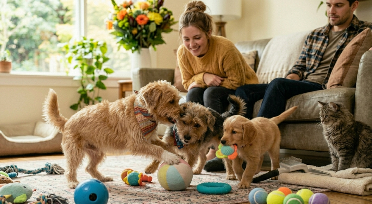 Two dogs playing with toys on a rug in a living room with a couple sitting on a couch.