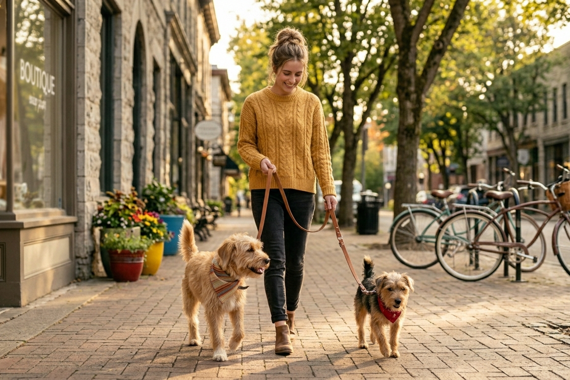 Woman walking two dogs on a city street with shops and trees in the background - Furronix