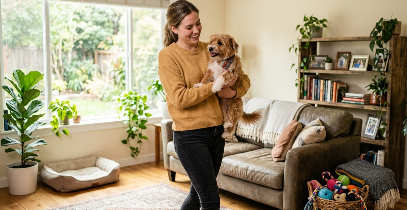 Woman holding a dog in a cozy living room with a bookshelf and plants. Furronix